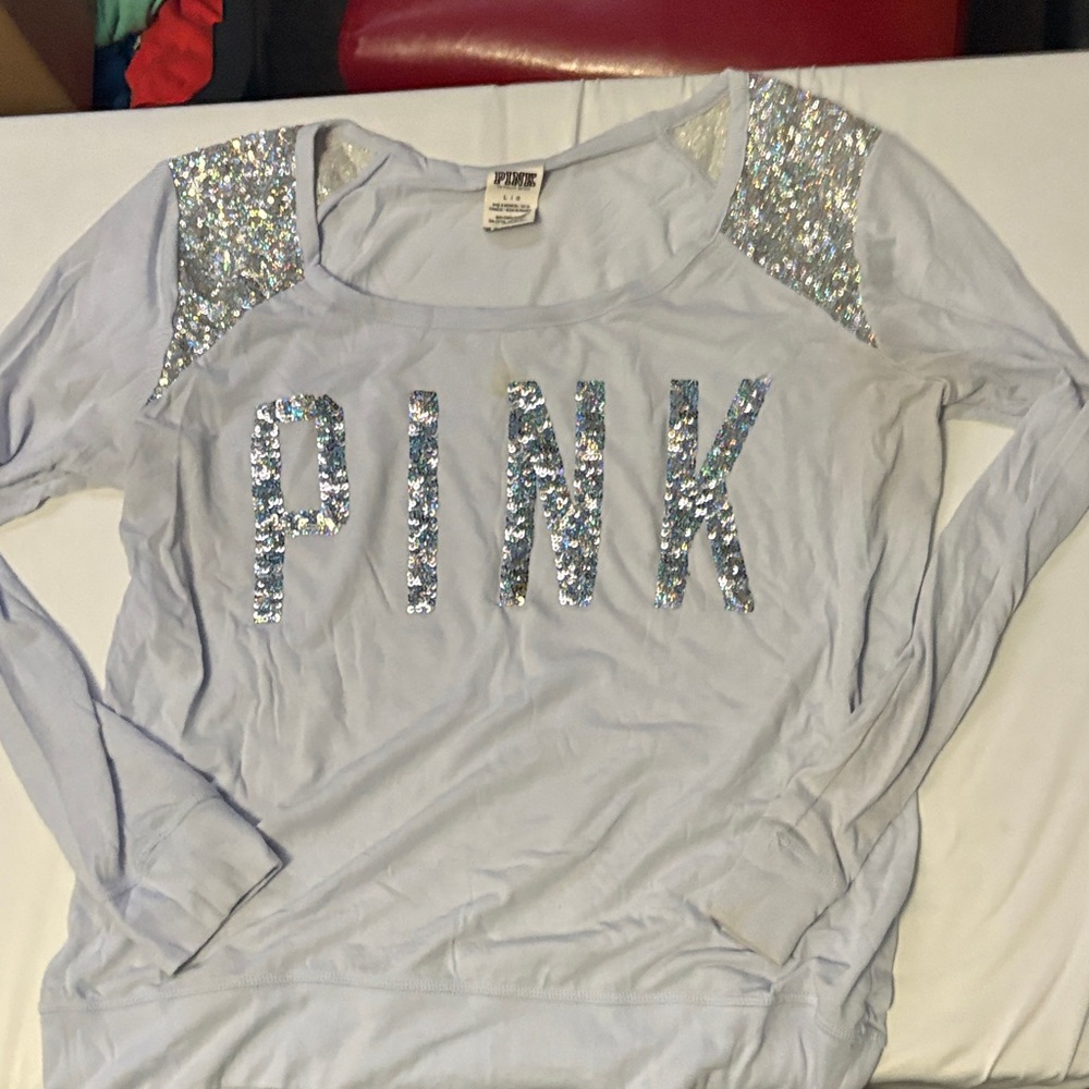 PINK Victoria's Secret Light Blue Sequin Sweatshirt